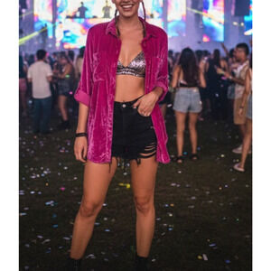 Pilcro Mara Crushed Velvet Button Up Shirt Womens Sz 8 Rave Worthy Festivalcore